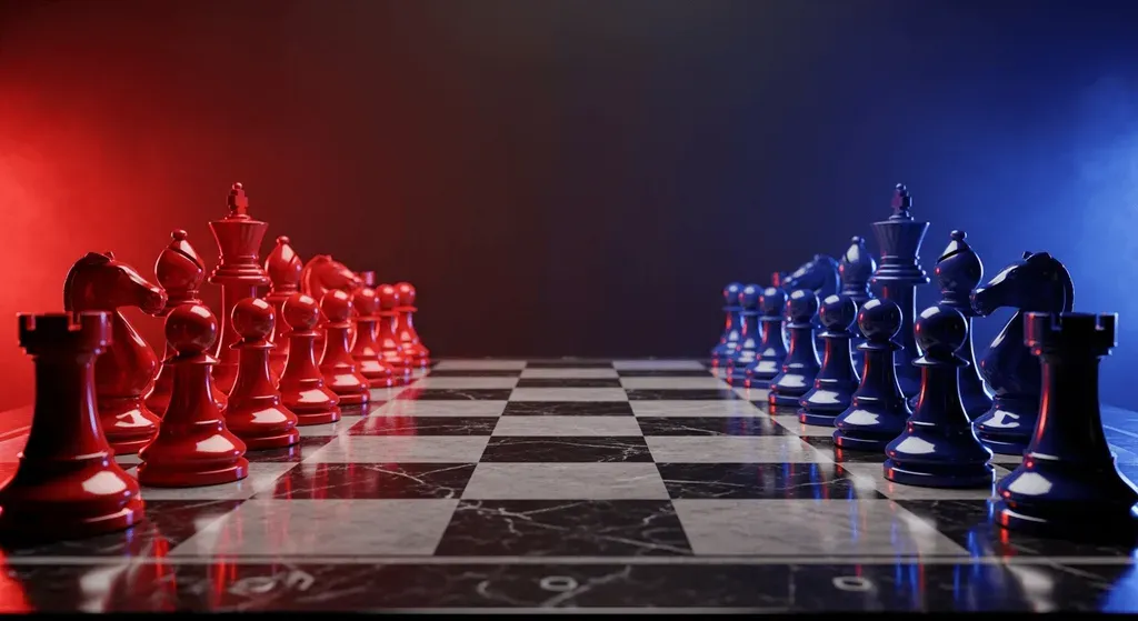 Red and blue chess pieces facing each other across a board